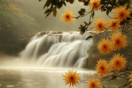 Serene Waterfall with Golden Flowers