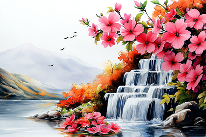 Serene Waterfall with Pink Blossoms