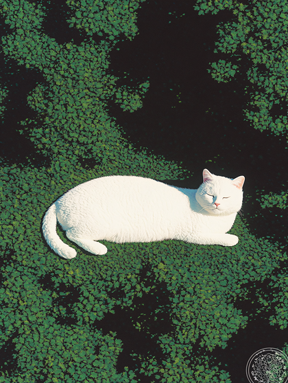 Serene White Cat Resting Amidst Lush Green Foliage