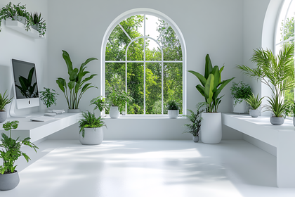 Serene White Home Office With Lush Greenery