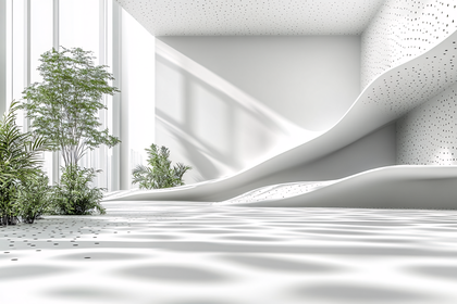 Serene White Interior with Plants and Abstract Design