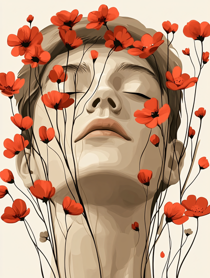 Serene Woman Face with Red Poppies