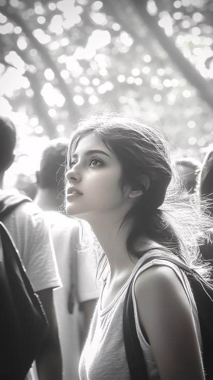 Serene Woman Gazing Upwards In Crowd
