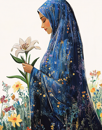 Serene Woman In Blue Hijab Holding White Lily