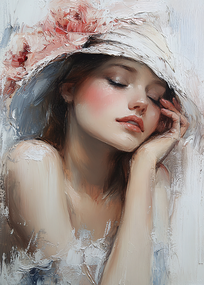 Serene Woman In Hat With Flowers