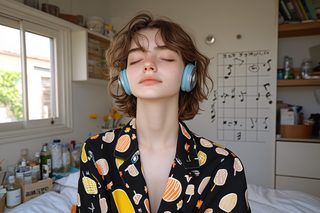 Serene Woman Listening to Music with Headphones