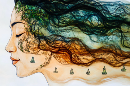 Serene Woman Profile With Tree Hair And Buddha Figures