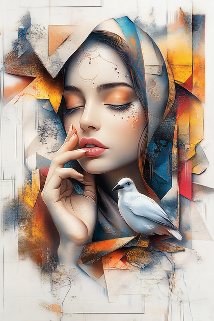 Serene Woman With Dove And Abstract Background