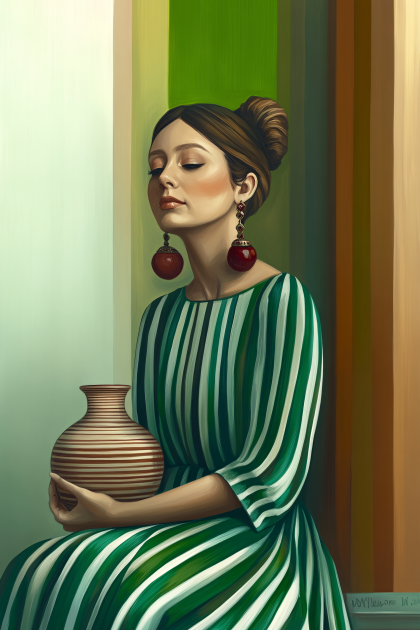 Serene Woman with Striped Dress Holding Vase