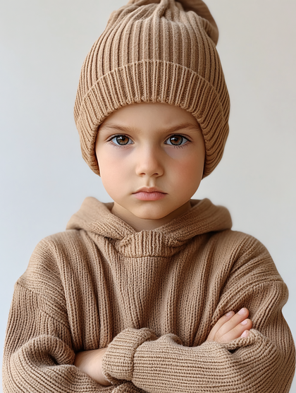 Serious Child in Beige Knitwear