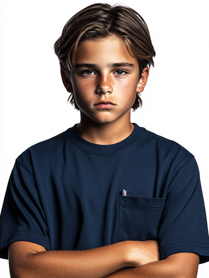 Serious Young Boy With Freckles Portrait