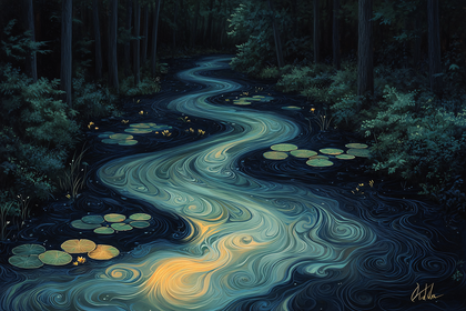 Serpentine River Through Dark Forest at Night