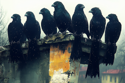 Seven Ravens Perched On Rooftop