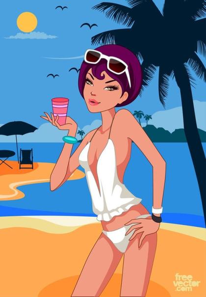 Sexy Woman Relaxing On Beach Free Vector