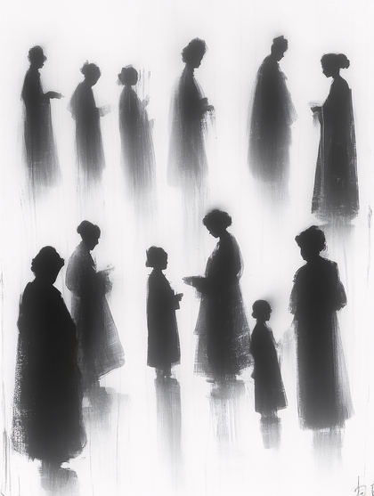 Shadowy Figures in White Mist