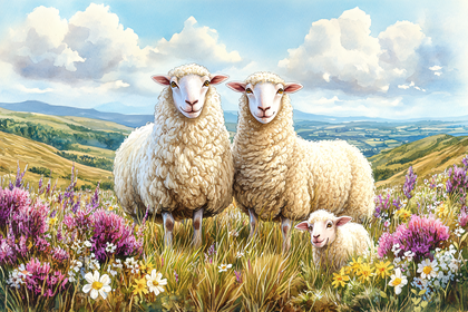 Sheep Family in a Meadow