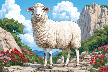 Sheep Family in Mountain Landscape
