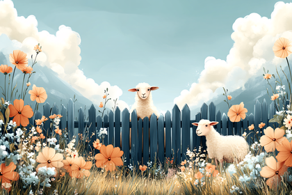 Sheep In Flower Garden Behind Fence