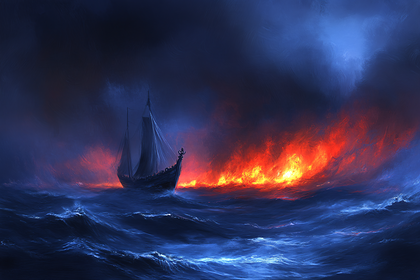 Ship Sailing Through Burning Ocean