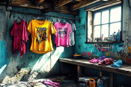 Shirts Displayed on a Rack in a Grungy Room
