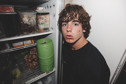 Shocked Teenager Beside a Fridge