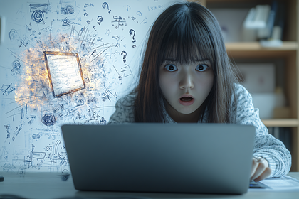 Shocked Woman with Laptop and Data Explosion