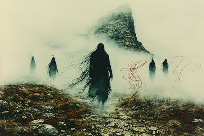Shrouded Figures In Misty Mountains