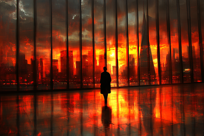 Silhouette Against Fiery Cityscape