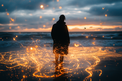 Silhouette at Sunset with Glowing Trails