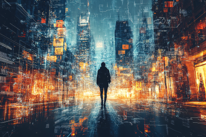Silhouette in Cyberpunk Cityscape