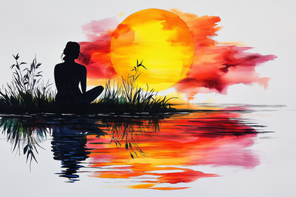Silhouette Meditating by Lake at Sunset