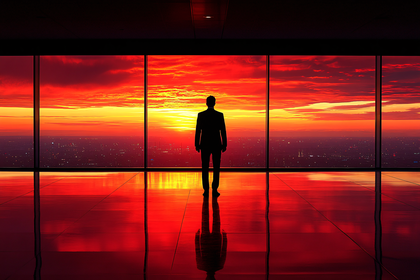 Silhouette of a Businessman in a Modern Office with a Sunset View