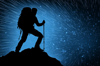 Silhouette of a Hiker Against a Starburst Background