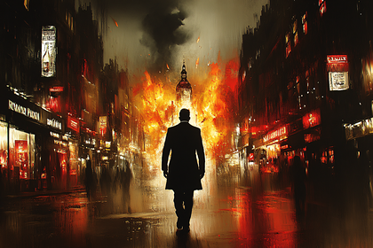Silhouette of a Man Walking Away in a Burning City