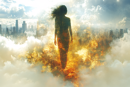 Silhouette of a Woman Above Burning City