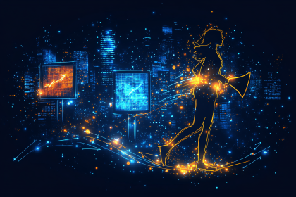 Silhouette of a Woman with Bullhorn and Financial Data Displays