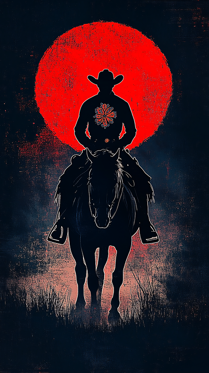 Silhouette Of Cowboy On Horse Under Red Moon