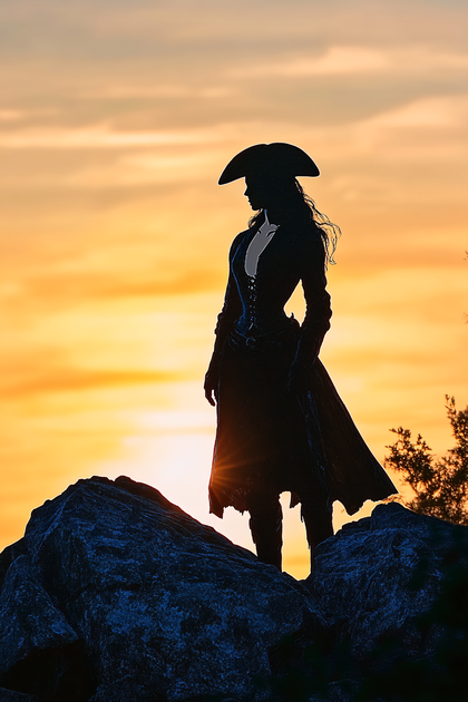 Silhouette Of Pirate Woman On Rocks At Sunset