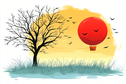 Silhouette Of Tree With Hot Air Balloon At Sunset