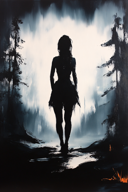 Silhouette Of Woman In Dark Forest