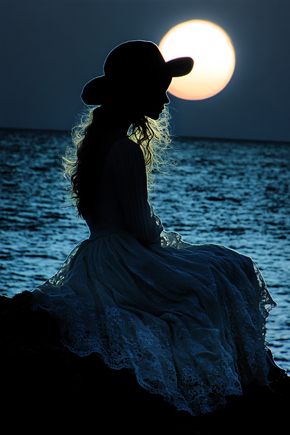 Silhouette Of Woman In Hat At Dusk