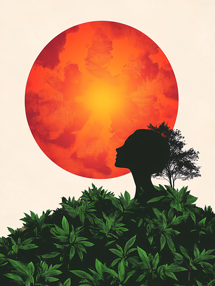 Silhouette Of Woman In Lush Jungle With Red Sun