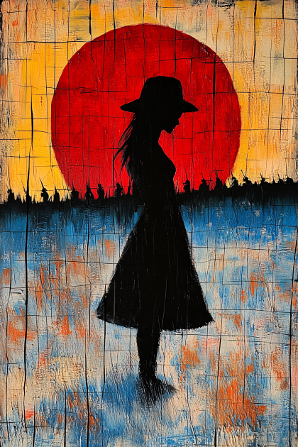 Silhouette Of Woman With Red Sun