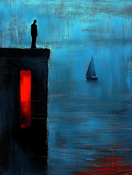 Silhouette on Building Overlooking Sailboat