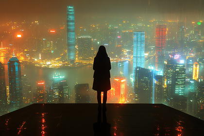 Silhouette Overlooking City at Night