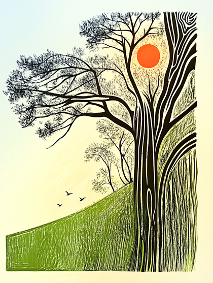Silhouette Tree on Hill at Sunset
