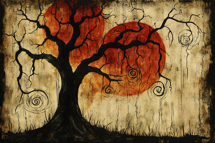 Silhouette Tree with Crimson Orbs
