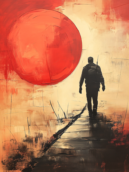 Silhouette Walker Under Crimson Sun
