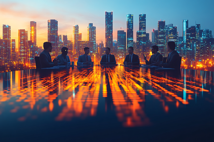 Silhouetted Business Meeting Against City Skyline
