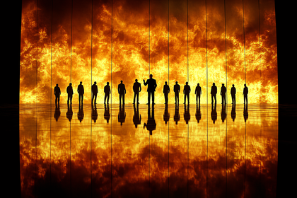 Silhouetted Business Professionals Standing Before Fiery Background